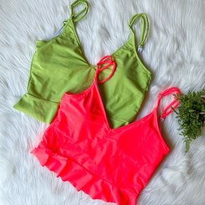 Kortni Jeane Green & Neon Pink Tankini Top Scoop Back Top M Lot